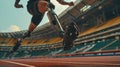 an athlete running around the stadium with a prosthetic leg. A disabled athlete. Healthy lifestyle, living with a Royalty Free Stock Photo