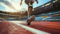 an athlete running around the stadium with a prosthetic leg. A disabled athlete. Healthy lifestyle, living with a Royalty Free Stock Photo