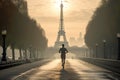 Athlete running in Paris, Eiffel tower on background. Paris 2024 summer Olympic games. Morning running training, marathon runner