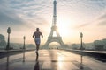 Athlete running in Paris, Eiffel tower on background. Paris 2024 summer Olympic games. Morning running training, marathon runner
