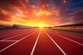 Athlete's empty running track, runway . Sunset or sunrise view. Generative Ai