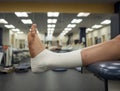 Athlete`s foot with an ankle tape job for support hanging off a table in a medical clinic