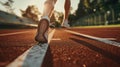 Athlete s legs in close up running on racetrack at stadium, dynamic sports action