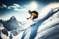 Athlete skier descending from cold snow-capped mountain against backdrop of sunny sky skiing, generative ai