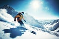 Athlete skier descending from cold snow-capped mountain against backdrop of sunny sky skiing, generative ai