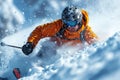 An athlete skier makes a descent on a snowy mountain. Skiing