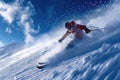 An athlete skier makes a descent on a snowy mountain. Skiing