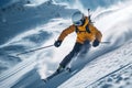 An athlete skier makes a descent on a snowy mountain. Skiing