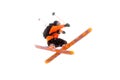 The athlete skier in the orange black suit does the jump trick by crossing the skis. real photo made in the mountains