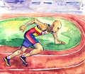 The athlete in sports uniform runs on racetrack at stadium during a competition, hand painted watercolor