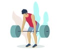 Athlete, sportsman, bodybuilder lifting barbell. Fitness gym bodybuilding workout. Weightlifting sports, vector.