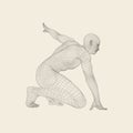 Athlete at Starting Position Ready to Start a Race. Runner Ready for Sports Exercise. Human Body Wire Model. Sport Symbol. 3d