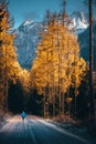 Athlete train in beautiful autumn nature under snowy mountains