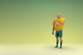 An athlete wearing a yellow shirt and green pants is expression of hand when talking. 3d rendering of cartoon character in acting