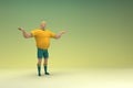 An athlete wearing a yellow shirt and green pants is expression of hand when talking. 3d rendering of cartoon character in acting