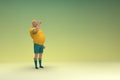 An athlete wearing a yellow shirt and green pants is expression of hand when talking. 3d rendering of cartoon character in acting