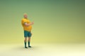 An athlete wearing a yellow shirt and green pants is expression of hand when talking. 3d rendering of cartoon character in acting