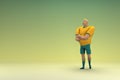 An athlete wearing a yellow shirt and green pants is expression of hand when talking. 3d rendering of cartoon character in acting