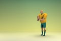 An athlete wearing a yellow shirt and green pants is expression of hand when talking. 3d rendering of cartoon character in acting