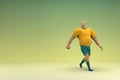 An athlete wearing a yellow shirt and green pants. He is walking. 3d rendering of cartoon character in acting