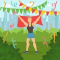 Athlete winner in park, vector illustration. Jogging run activity, adult people character finish maratphon, cartoon