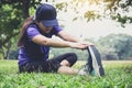 Athlete woman doing some stretching exercises warm up before run