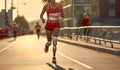 Athlete woman with prosthetic leg participates in a marathon. Disabled athlete woman with artificial leg. Generative AI