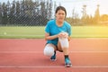 Athlete woman suffering from pain in leg with knee injury after sport exercise running jogging Royalty Free Stock Photo