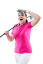 athlete woman watching the ball flight path of golf on a white Royalty Free Stock Photo