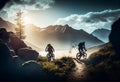 Athletes on bicycles ride on a trail in the background a mountain range. AI Generated