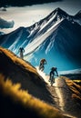 Athletes on bicycles ride on a trail in the background a mountain range. AI Generated