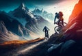 Athletes on bicycles ride on a trail in the background a mountain range. AI Generated