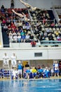 Athletes during competitions on syncronized springboard diving