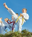 Three athletes in karategi are beating punch mae geri
