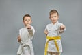 Athletes make a punch arm on a gray background