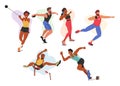 Athletes Male and Female Characters Set. Runner, Obstacle Jumper, Put Shot and Discus Throwing Sport Games Royalty Free Stock Photo