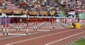 Athletes on the 110 meters hurdles men Semi - final in the IAAF World U20 Championship in Tampere, Royalty Free Stock Photo