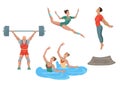 Olympic sports, various athletes, exercises. Light and weightlifting, boarding and jumping. Vector characters, flat