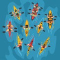 Athletes Paddling Kayaks Set, Kayaking Water Sport, Outdoor Activities in Summertime, Top View Vector Illustration