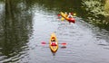 Athletes row kayaks on the river. View from above Minsk, June 8, 2021, Svisloch River