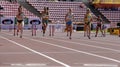 Athletes running 400 metres hurdles in the IAAF World U20 Championship in Tampere, Finland 11 July, 2018. Royalty Free Stock Photo