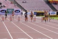Athletes running 400 metres hurdles in the IAAF World U20 Championship in Tampere, Finland 11 July, 2018. Royalty Free Stock Photo