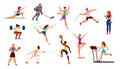 Athletes set. Gymnast and runner, boxer and figure skater, basketball player and hockey player. Fitness, cartoon vector