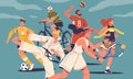 Athletes Of Summer Sports. Male and Female Characters Soccer or Basketball Player, Runner, Karate, Tennis and Bicyclist