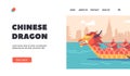 Athletes Swim On Chinese Dragon Boats Landing Page Template. Rowing Competitions, Sport. Team of Men Athletes Rowing