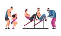 Athletes training with coach set. Girl exercising with barbell, men doing abs on abdominal crunch bench cartoon vector