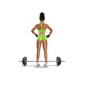 Athletic African American girl with a barbell on a white background. Back.