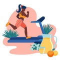 Athletic African American girl on a treadmill. Fresh fruit, healthy diet. Female fitness and sport exercises lifestyle
