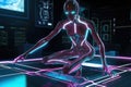 athletic alien, competing in futuristic cyberathletics game with holographic projections