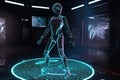 athletic alien, competing in futuristic cyberathletics game with holographic projections